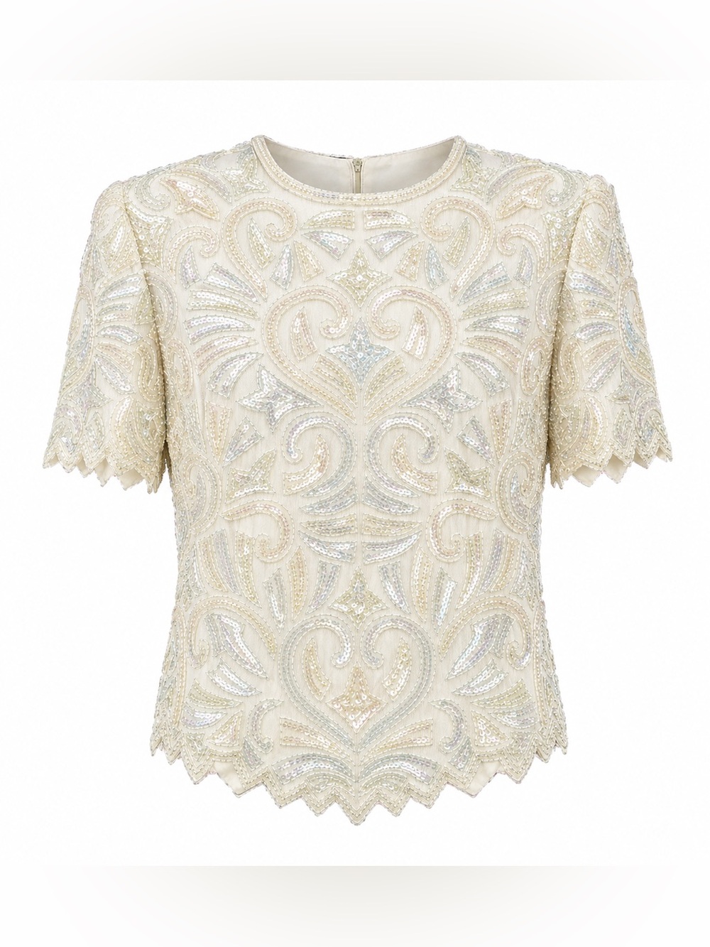 Vintage SCALA Beaded Sequin Ivory Top Art Deco Gatsby Bridal Evening Blouse S/M